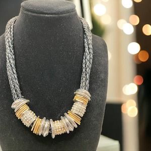 Chico's Silver, Gold & Rhinestone Beaded with Braided Leather Necklace